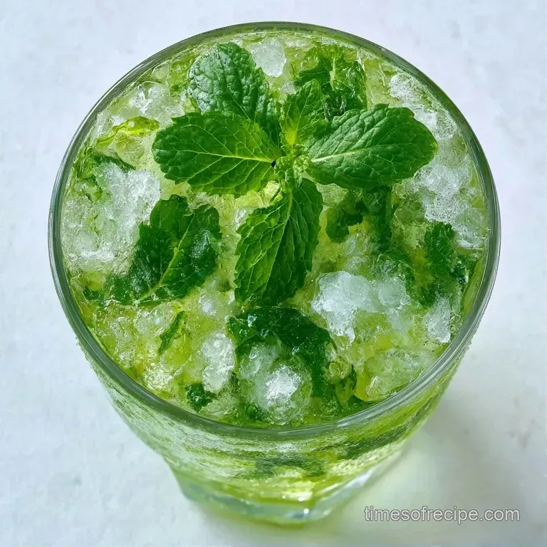 Six sparkling clear beverages with ice and bright green mint leaves arranged neatly on a white marble surface.