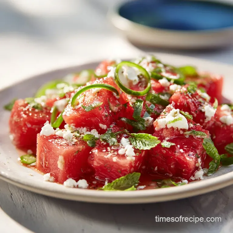 A beautiful arrangement of watermelon salad, featuring bright red cubes, scattered mint leaves, and feta.