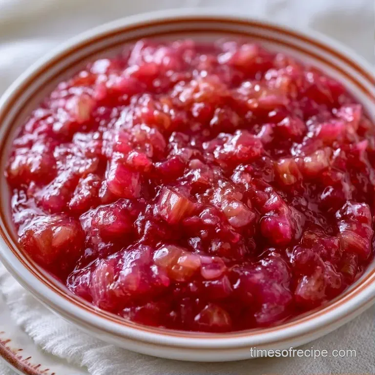 Glossy red fruit preserves spread over a golden toasted brioche slice on a white ceramic plate with mint leaves.