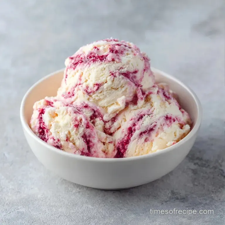 Three elegant scoops of pale pink frozen treat drizzled with tart red syrup and a fresh, aromatic sprig of green mint.
