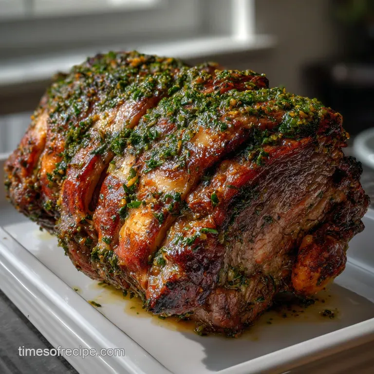 Elegant plate featuring a thick slice of rib roast, vibrant green herbs, and a scattering of rich pan jus, ready to enjoy.