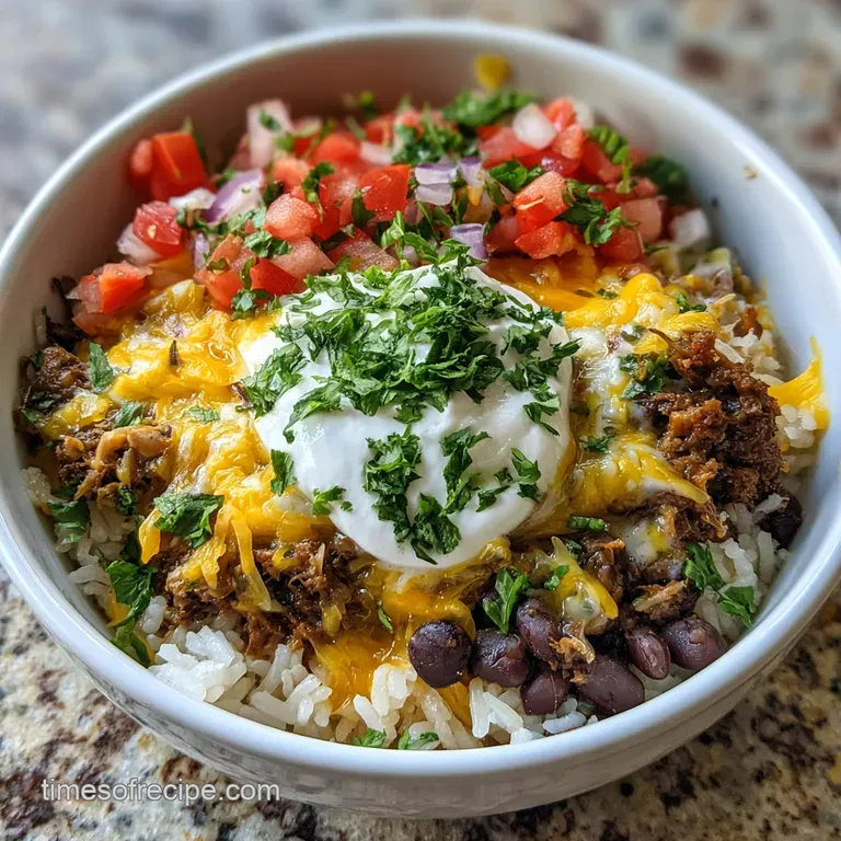 A single burrito bowl beautifully arranged: glistening rice, juicy beef, bright salsa, and a dollop of sour cream. Fresh c...