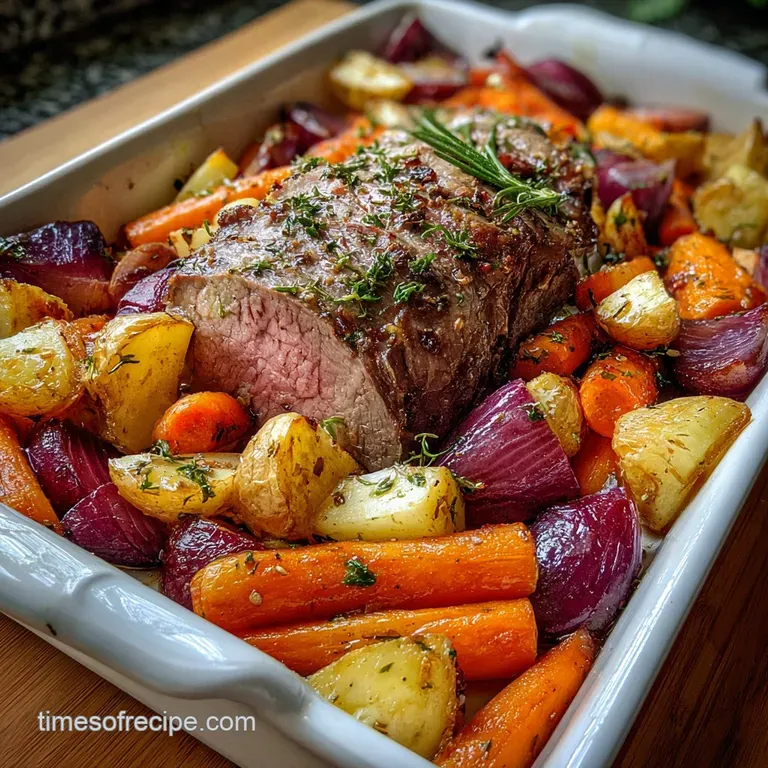 Sliced roast beef with colorful roasted root vegetables arranged artfully on a white plate. Steam rises hinting at the war...