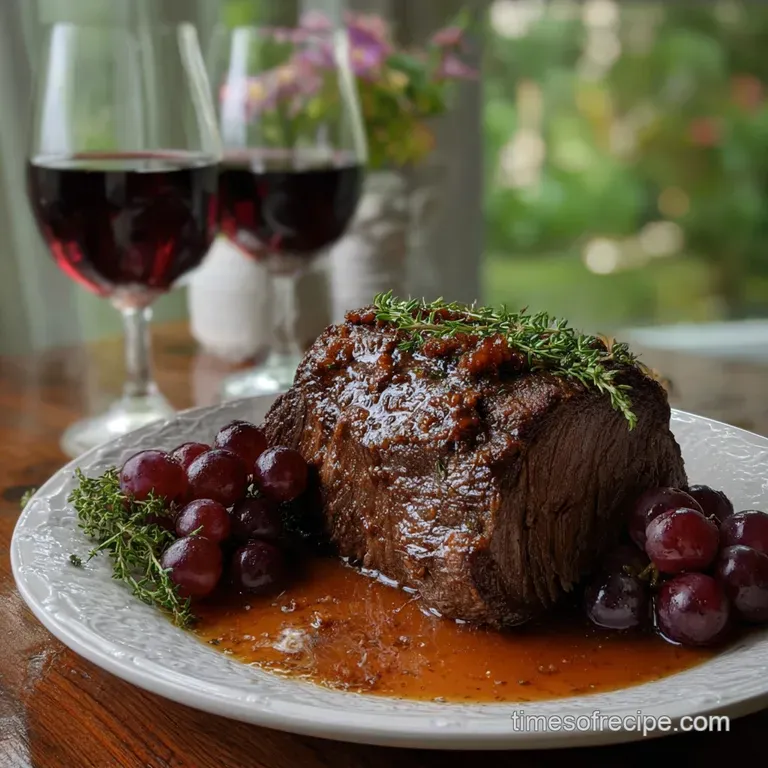 Elegant plate of sliced, rosy-pink beef, artfully arranged with colorful roasted vegetables and a sprig of fresh herbs for...