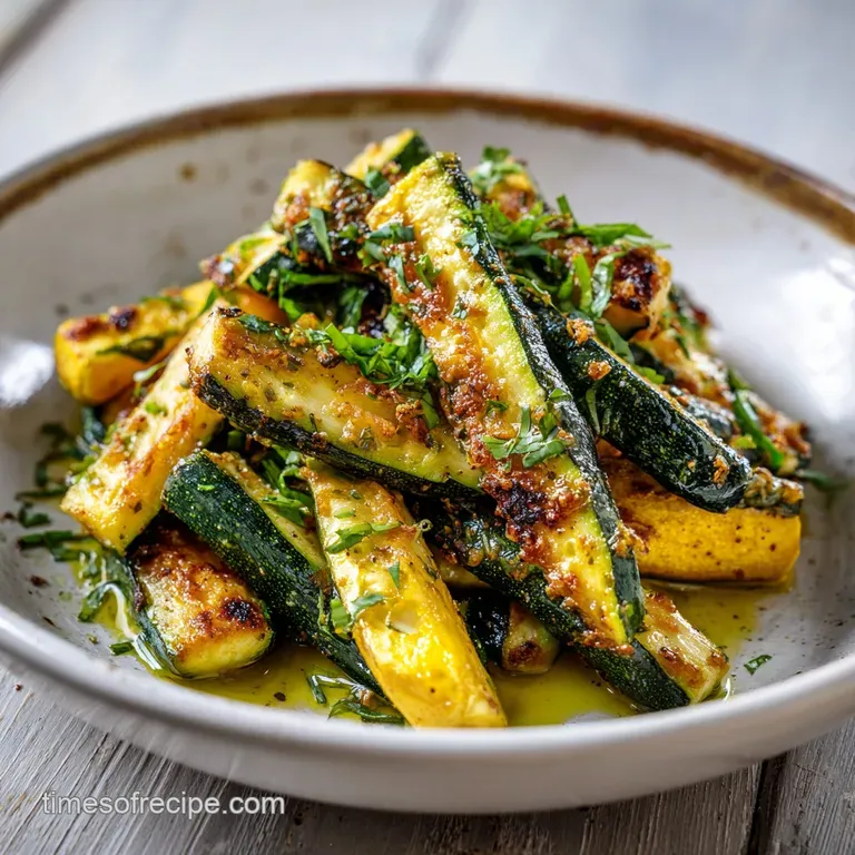 Tender roasted zucchini and squash artfully arranged on a white plate, glistening slightly.