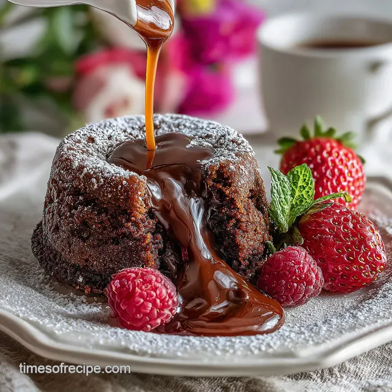 Elegant molten chocolate cake on a white plate, oozing warm chocolate, garnished with a delicate raspberry and mint sprig.
