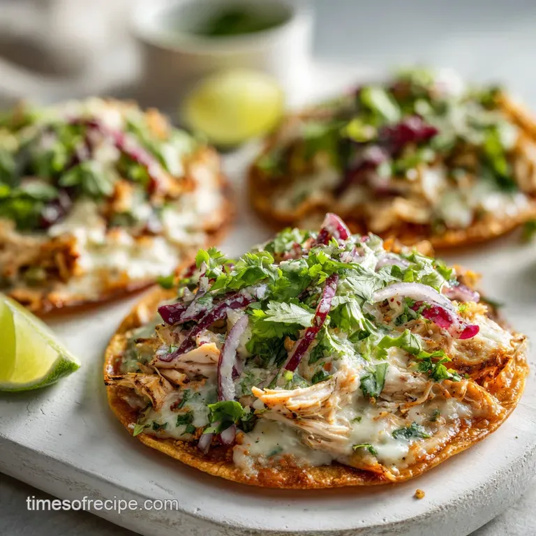 A stacked tostada showing off layers of juicy chicken, crisp lettuce, and bright pico de gallo. A drizzle of sauce adds vi...