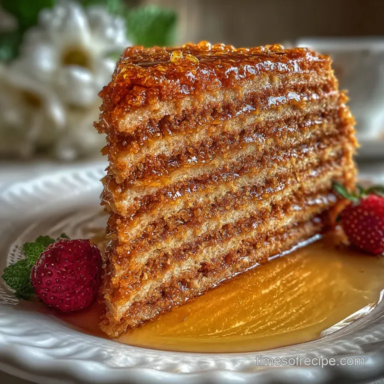 Slices of layered honey cake with a side of tart berries on an elegant plate. A sweet ending to a meal.
