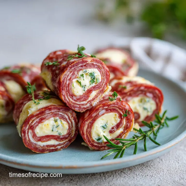 Neatly arranged salami and cream cheese pinwheels glistening on a white plate, a vibrant bite.