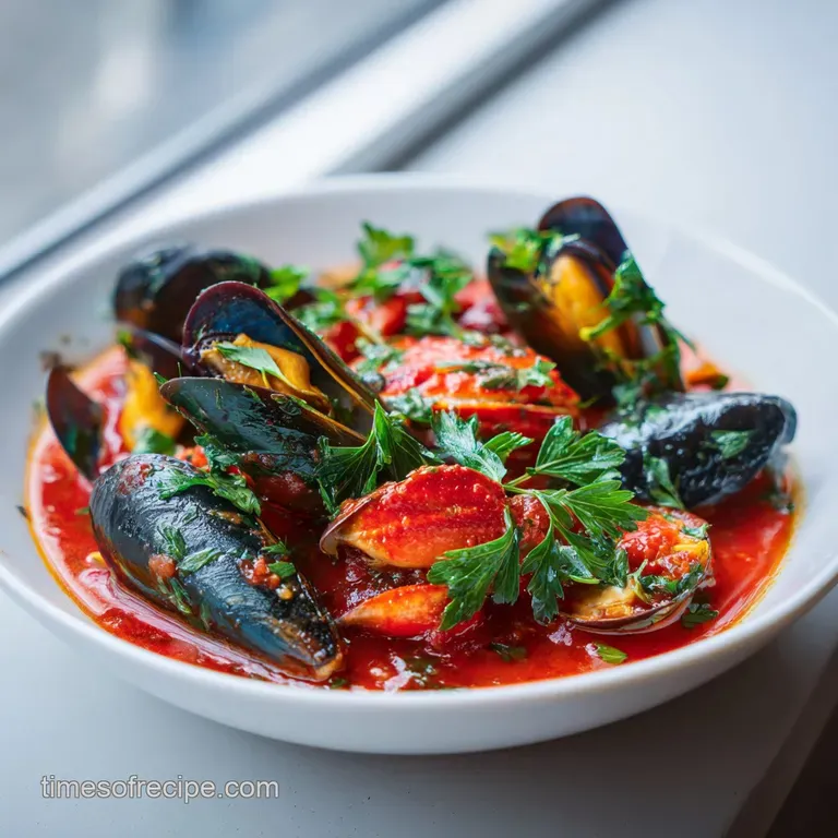 A rustic cast iron pot filled with colorful seafood in red broth, served with toasted sourdough bread slices.