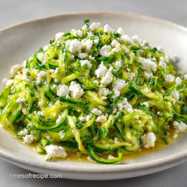 Neatly mounded vibrant green zucchini ribbons on a white ceramic plate, garnished with a sprinkle of black pepper.