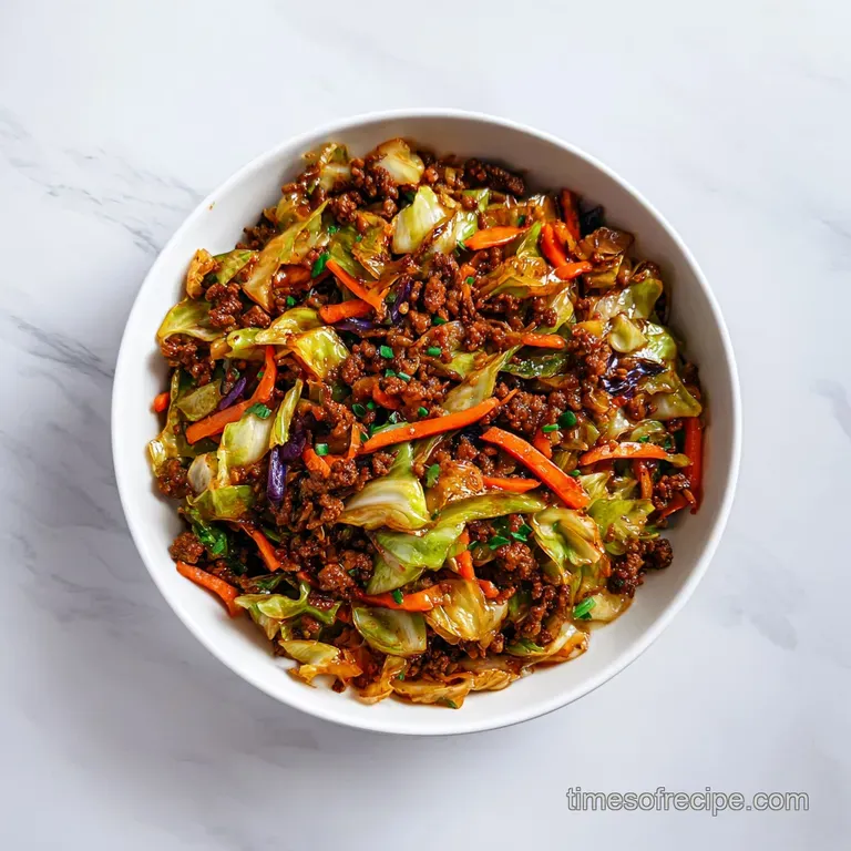 A beautifully arranged mound of savory beef and cabbage, topped with fresh scallions.