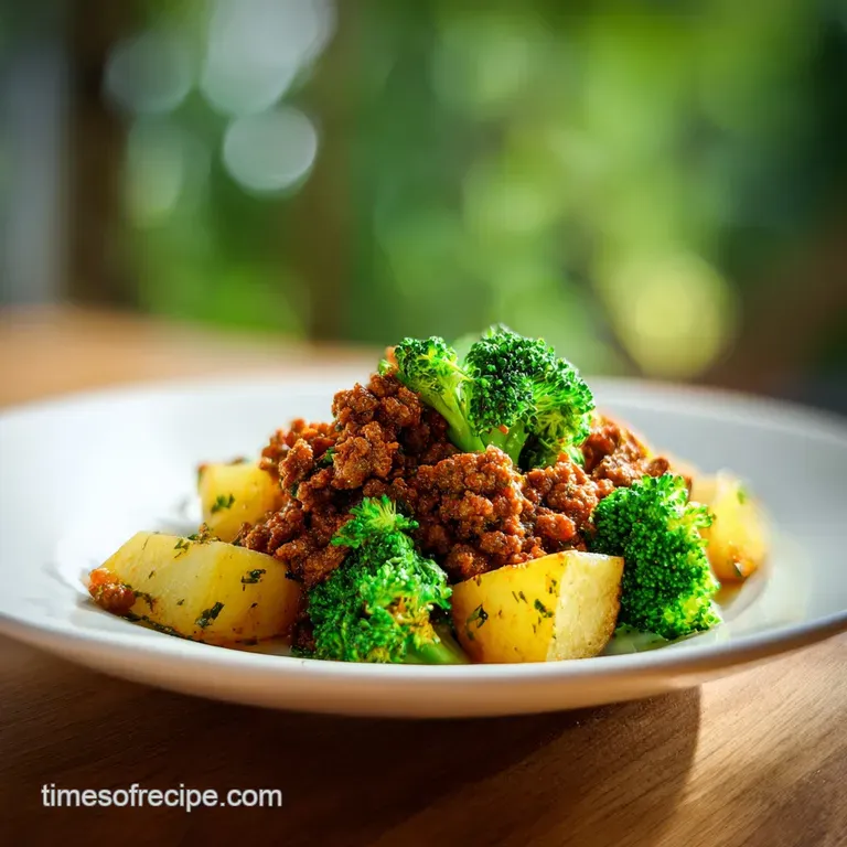 Plated ground beef and potatoes, sprinkled with fresh herbs. Rustic, hearty meal with appealing earthy tones and textures.