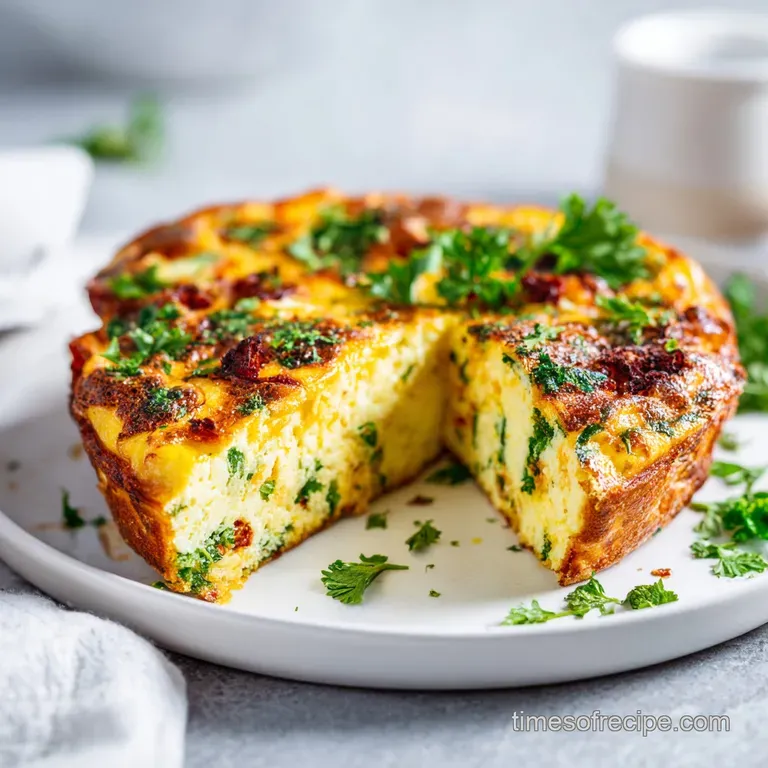 Slice of golden frittata showcasing layers of vibrant veggies. Garnished with fresh herbs against a bright white plate.