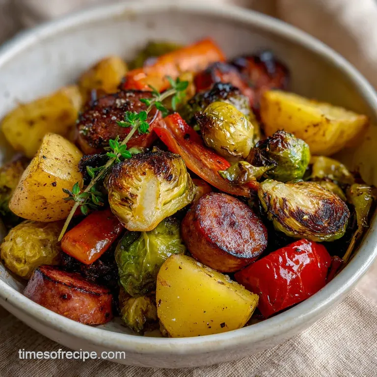 Neatly arranged seared sausage and honey-glazed root vegetables on a white plate, garnished with chopped parsley.