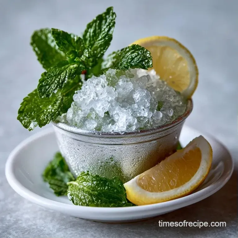Chilled silver goblet brimming with crushed ice and bright mint sprigs, resting on a rustic wooden surface.