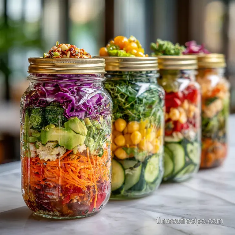 Neat rows of mason jar salads with varied fresh ingredients, showcasing a week of nutritious, pre-prepared lunches.
