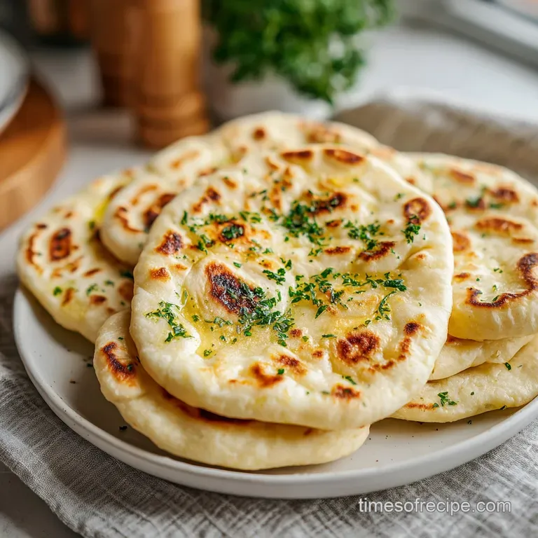 Warm, fluffy naan triangles arranged artfully on a plate, hinting at a soft, pliable texture and comforting warmth.
