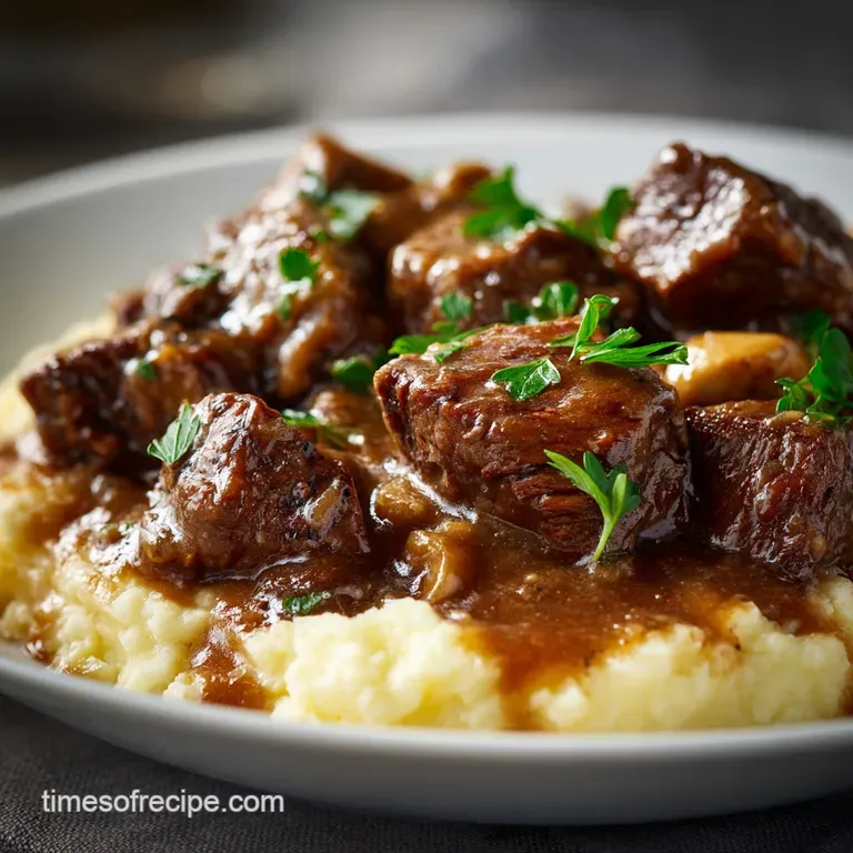 Proper Pub-Style Beef Tips with Rich Mushroom Gravy (Slow Cooker) presentation