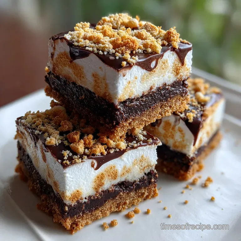Stack of fudgy brownie bars oozing with molten chocolate and marshmallow against a dark backdrop.