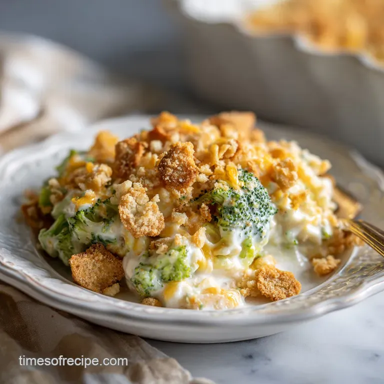 A generous scoop of creamy broccoli casserole, topped with crispy breadcrumbs, on a white plate.