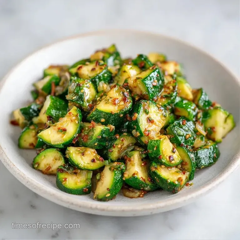 Bright green zucchini pieces in a white ceramic bowl, garnished with fresh cilantro on a light wooden table.