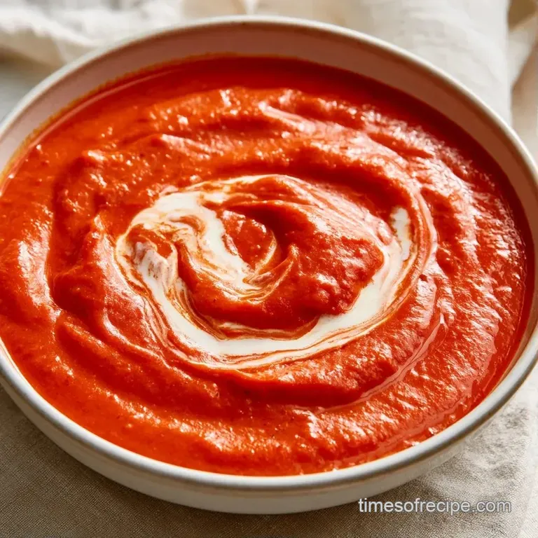 A deep red velvet soup in a white bowl, topped with a dollop of sour cream and a sprig of fresh green cilantro.