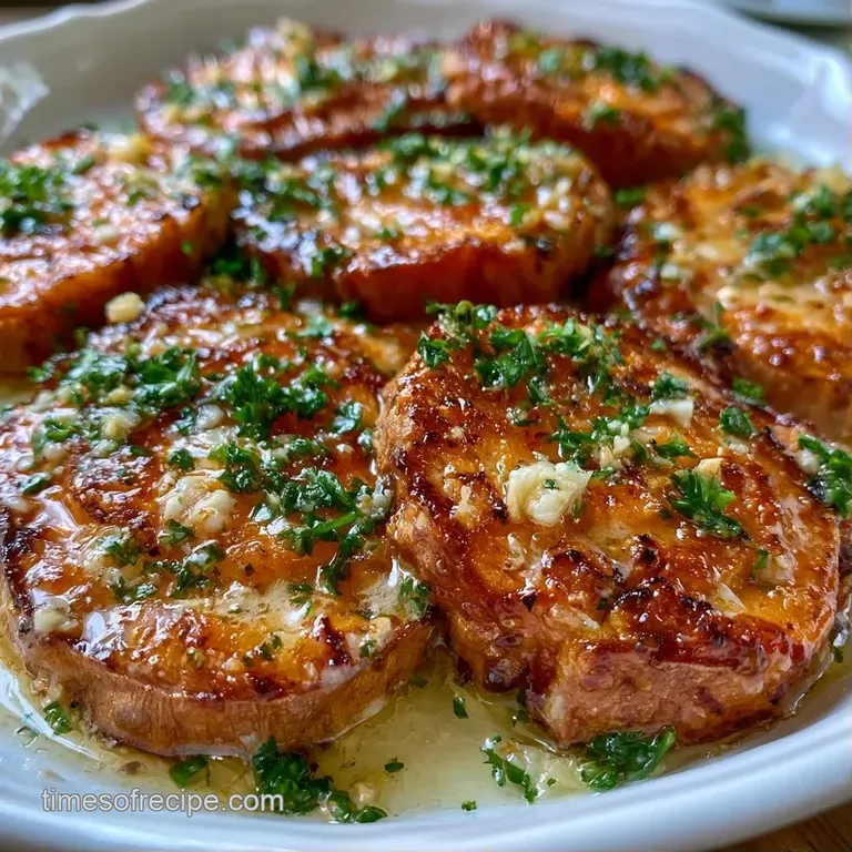 Slices of roasted orange spirals stacked neatly on a slate plate with a drizzle of cream and chopped chives.