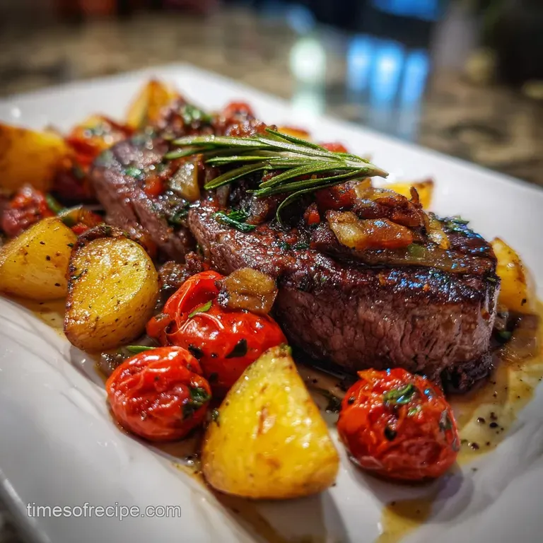 Perfectly seared steak slice presented atop colorful roasted veggies. Steaming; garnished with fresh herbs on a white plat...