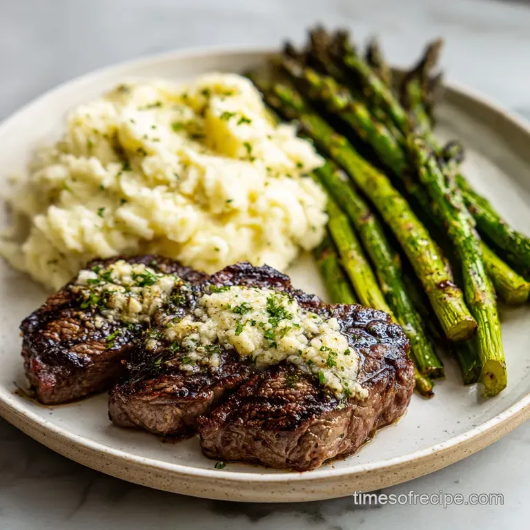 Perfectly charred steak rests beside vibrant, glistening roasted vegetables, creating a visually appealing and delicious p...