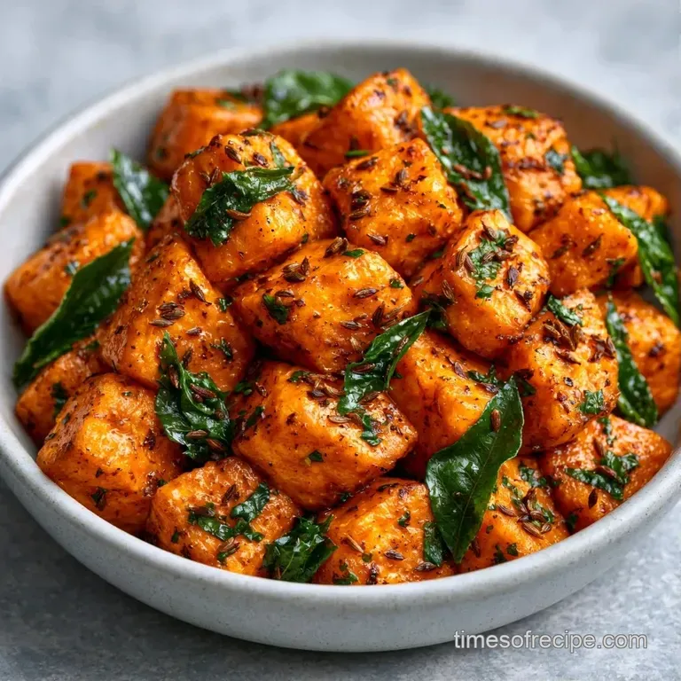 Vibrant orange root vegetables neatly piled in a white bowl, garnished with sliced chilies and fresh herbs.