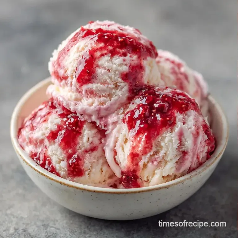Three pale pink frozen scoops in a glass bowl, drizzled with deep red syrup and garnished with sliced berries.