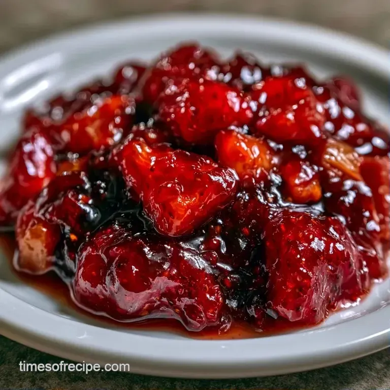 Glistening red fruit preserves spread on toasted sourdough bread beside a small bowl of fresh berries.