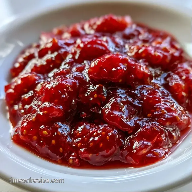 Thick ruby-red fruit preserves spread over toasted golden sourdough on a clean white ceramic plate.