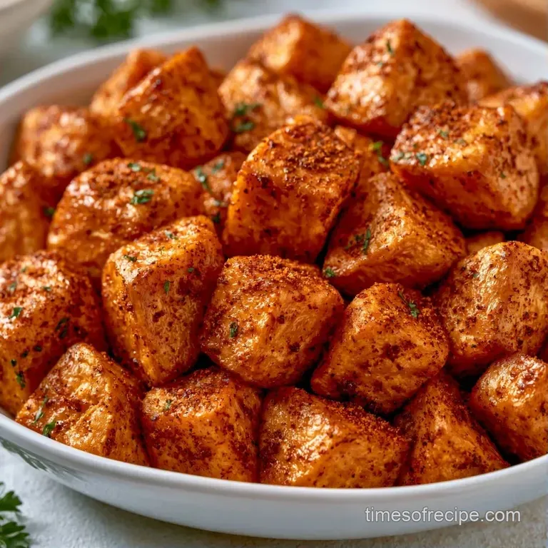 Vibrant orange potato cubes garnished with fresh coriander and pomegranate seeds in a modern white bowl.