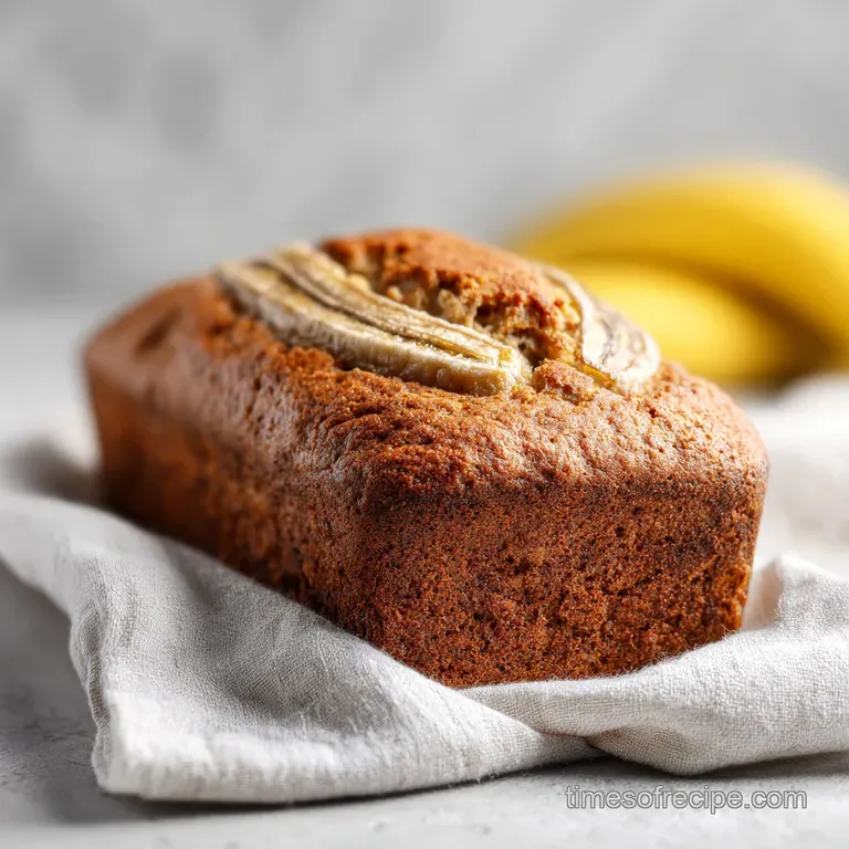 A thick slice of warmly toned banana bread, glistening slightly. Lightly dusted surface. Airy, open crumb visible on cut e...