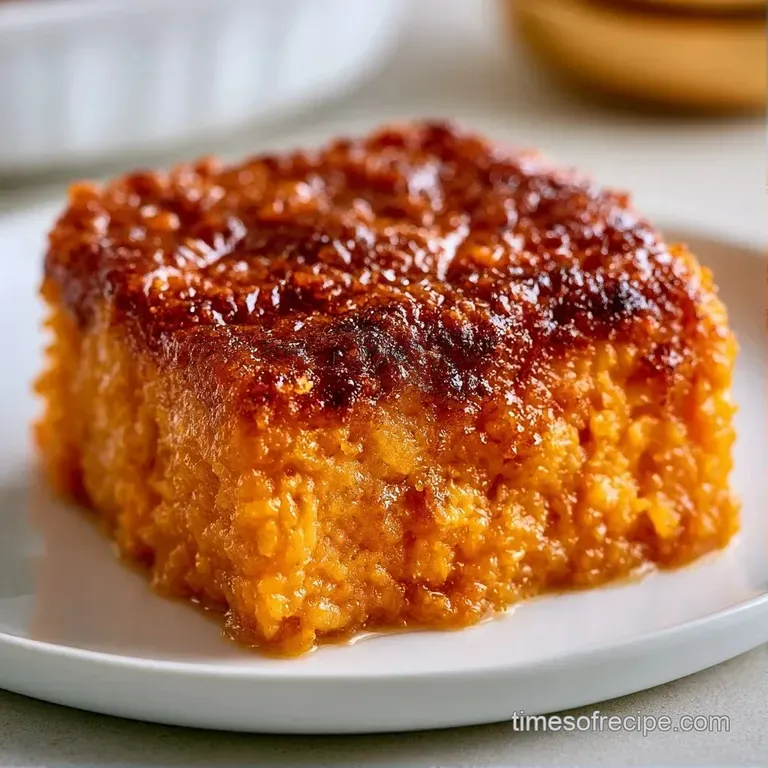 A neat scoop of creamy orange root vegetable mash topped with a browned marshmallow on a minimalist white plate.