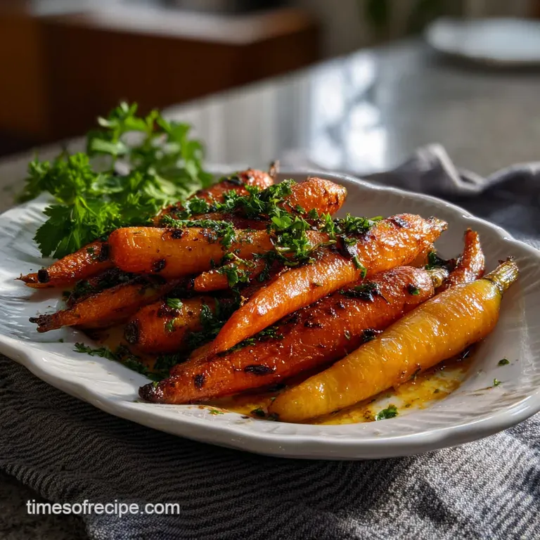 Sweet, tender roasted carrots artfully arranged on a white plate, topped with fresh thyme sprigs and cracked black pepper.