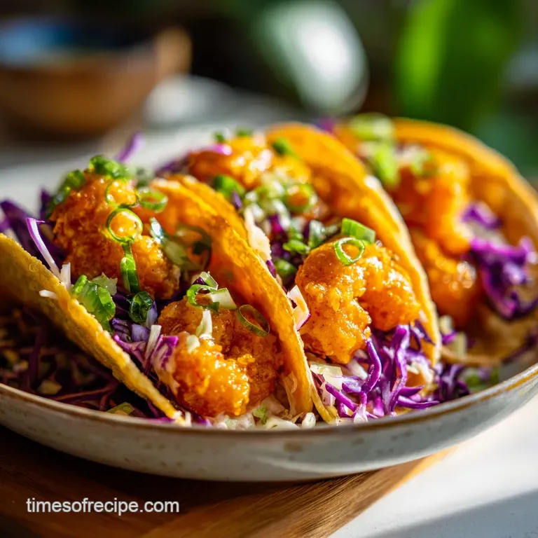 Three soft tortillas filled with crispy shrimp and zesty slaw, garnished with fresh cilantro and lime wedges.