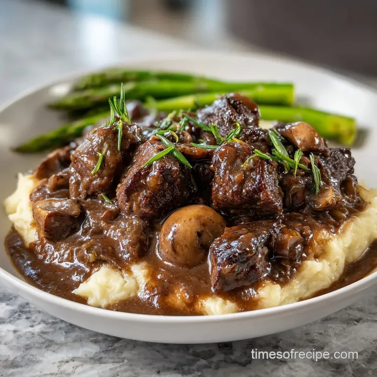 A generous portion of beef tips and gravy artfully draped over mashed potatoes. Sprigs of thyme add an aromatic touch.