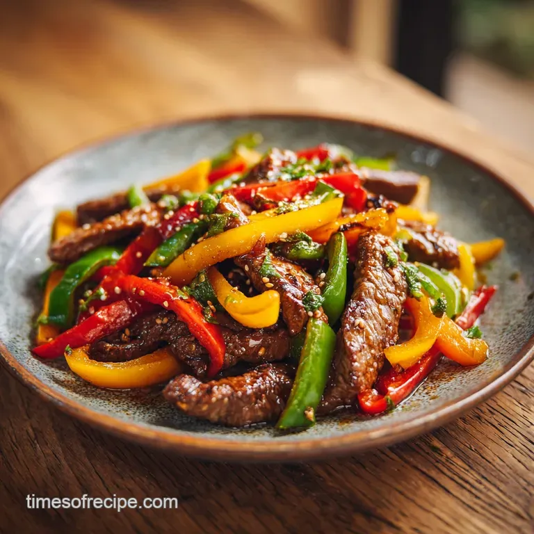 Seared pepper steak and bell peppers nestled in a creamy brown gravy, artfully arranged on a white plate.