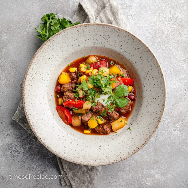 A steaming bowl of rich brown stew with sliced kielbasa, garnished with fresh herbs. A comforting and satisfying meal.