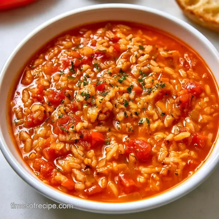 Vibrant red soup in a white ceramic bowl, topped with a swirl of cream and a fresh sprig of green parsley.