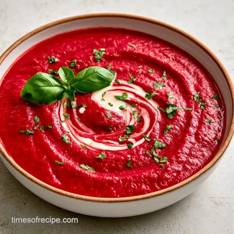 Rich orange-red puree in a minimalist bowl paired with a golden toasted baguette slice on a marble surface.