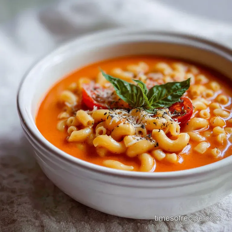 Elegant bowl of tomato soup mac, garnished with fresh basil and cracked pepper. Steam rises, invitingly, from the creamy d...
