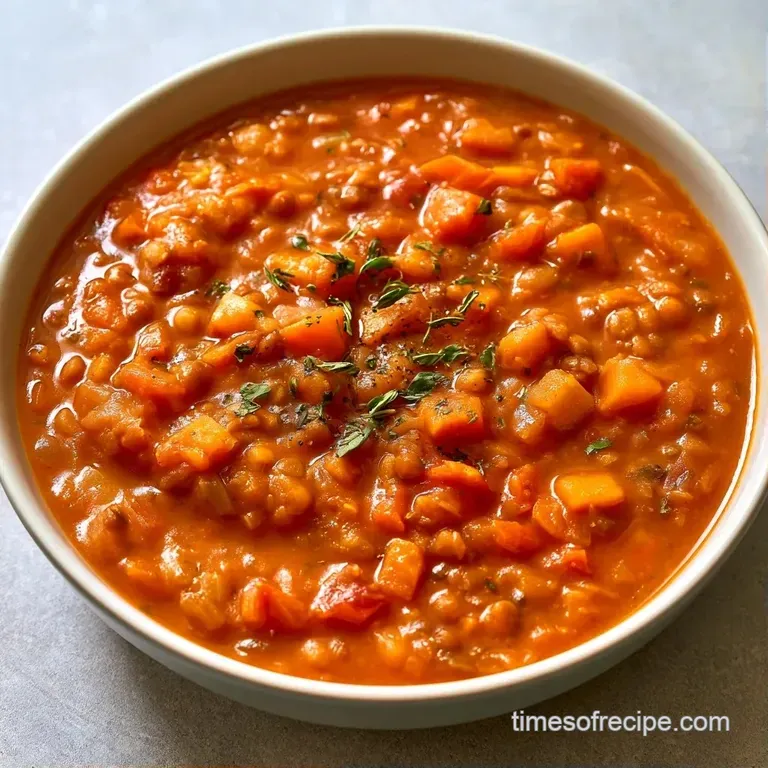 Vibrant red soup swirled with cream, topped with fresh green herbs beside a slice of toasted sourdough bread.