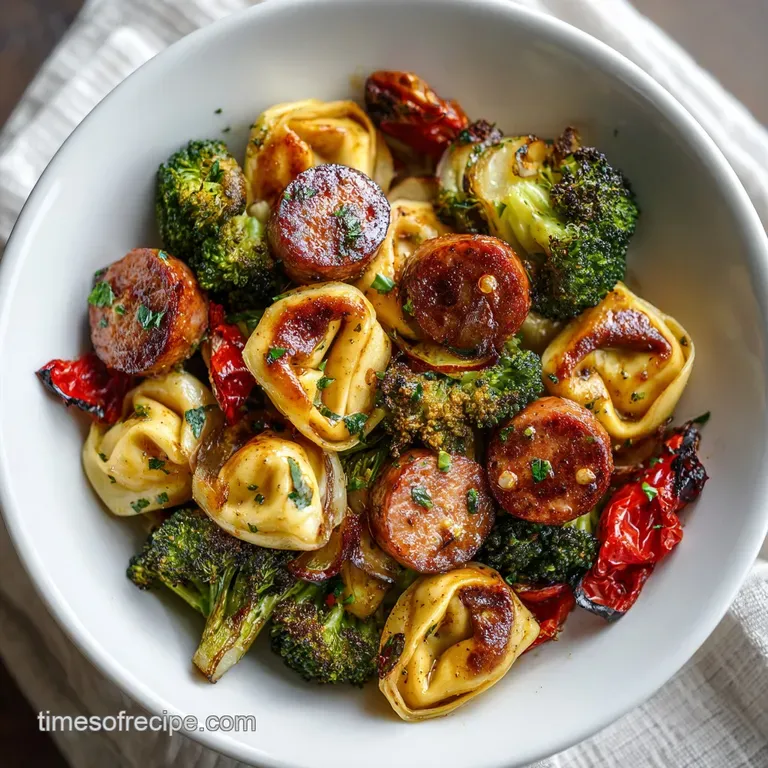 Creamy cheese-filled pasta and seared brown sausage rounds plated neatly with a sprinkle of fresh green herbs.