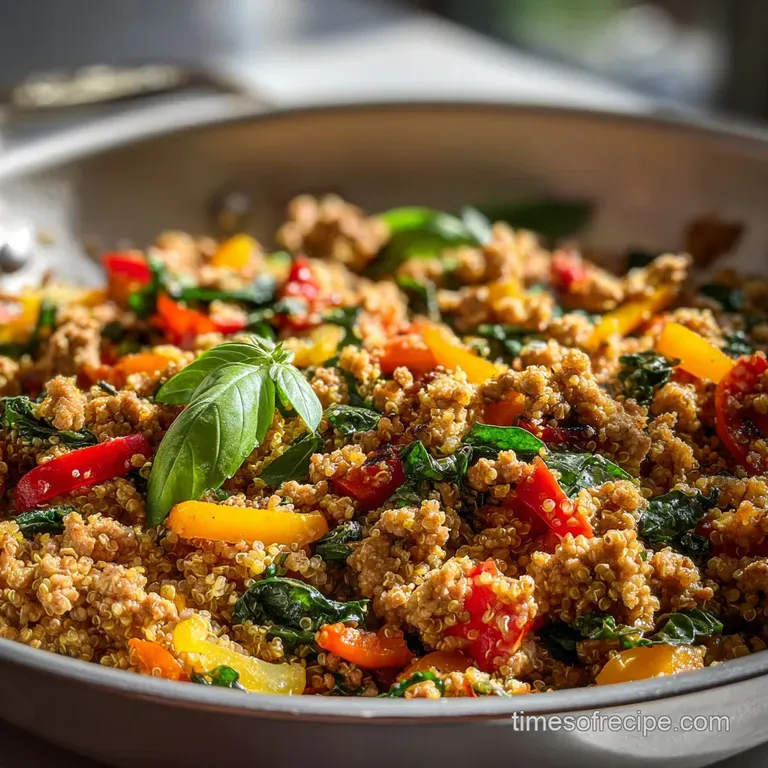 A perfectly portioned serving of turkey quinoa, garnished with fresh herbs, showcasing the steam rising off the colorful d...