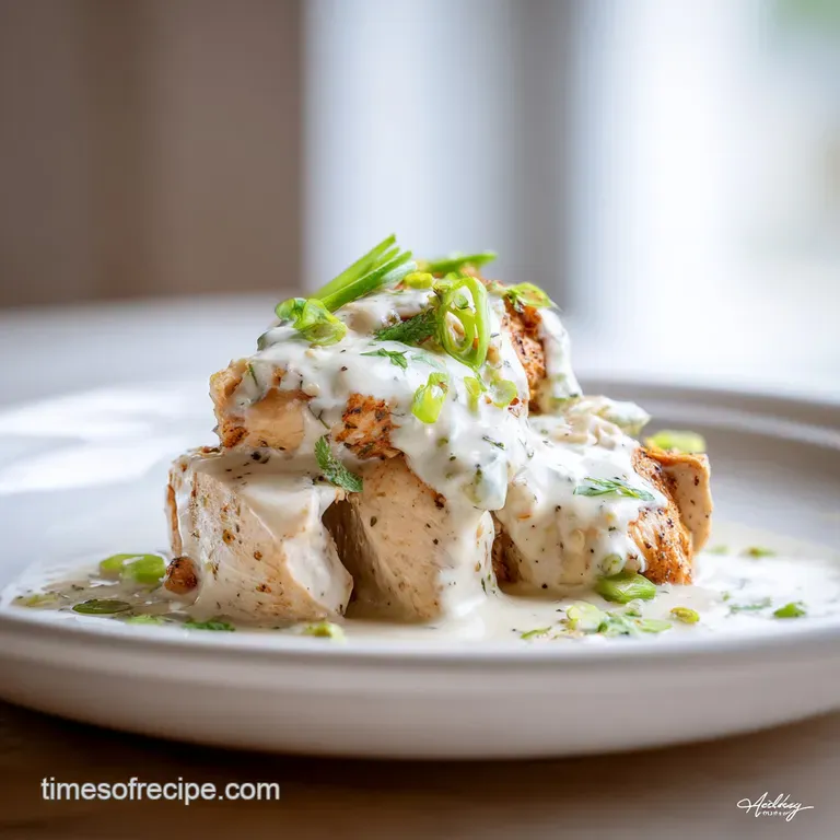 Elegant plate of glistening chicken in white sauce, garnished with parsley. Hints of warm steam rise from the dish.