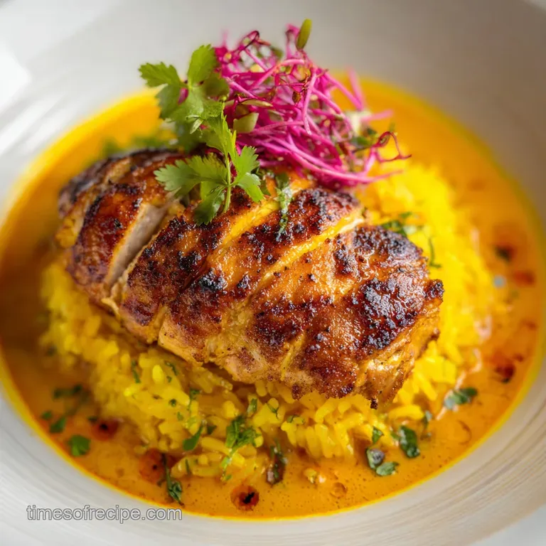 A sculpted mound of saffron-yellow rice topped with glistening chicken pieces and a sprinkle of fresh cilantro, appetizing...